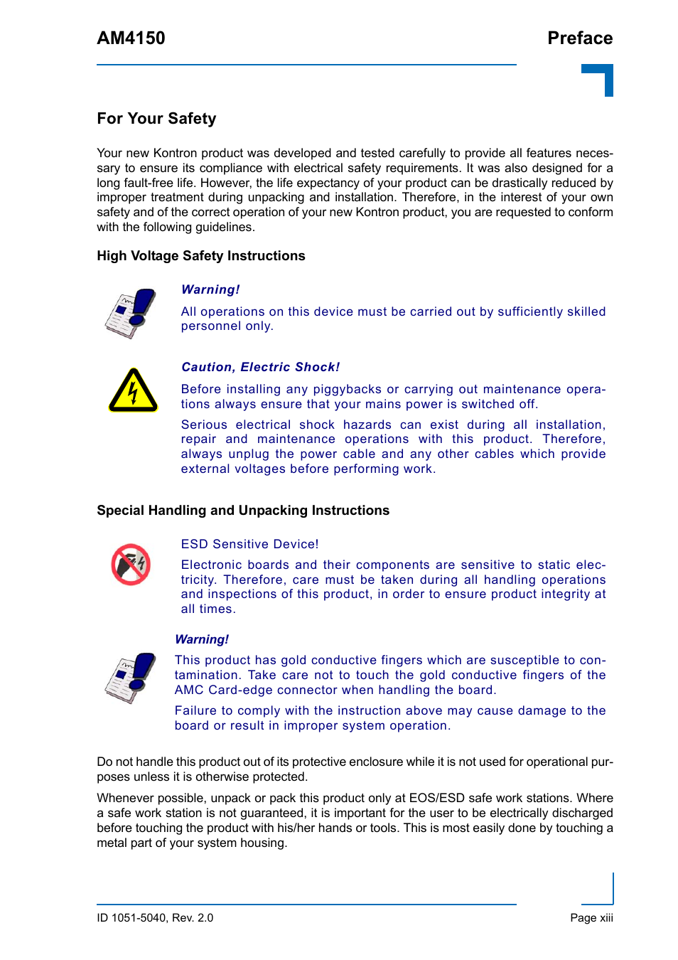 For your safety, High voltage safety instructions, Special handling and unpacking instructions | Am4150 preface | Kontron AM4150 User Manual | Page 13 / 30