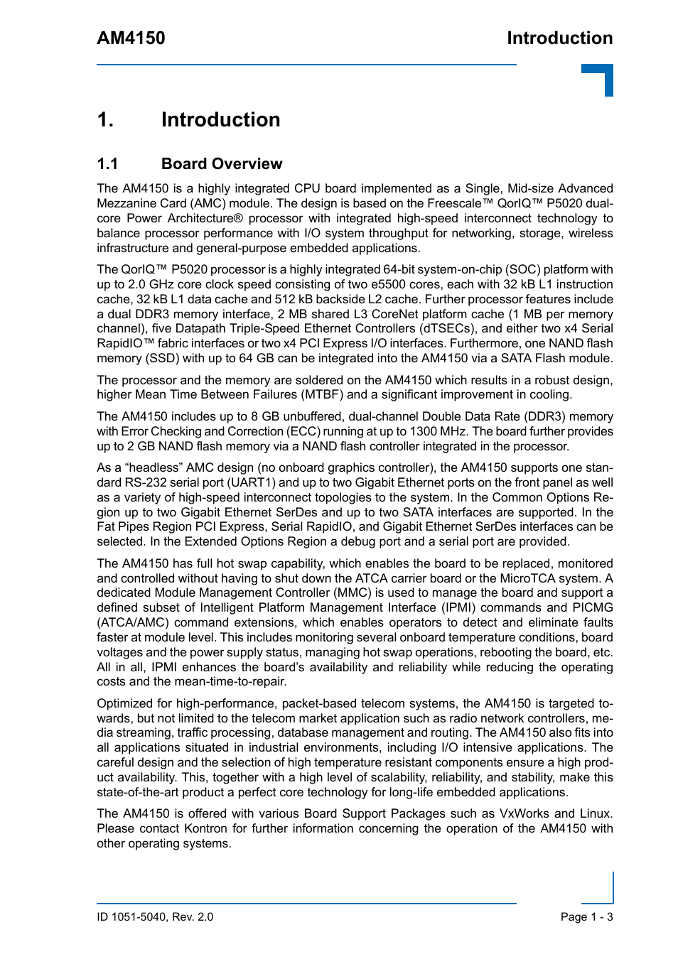 Introduction, 1 board overview, Introduction - 3 | 1 board overview - 3, Am4150 introduction | Kontron AM4150 User Manual | Page 19 / 30