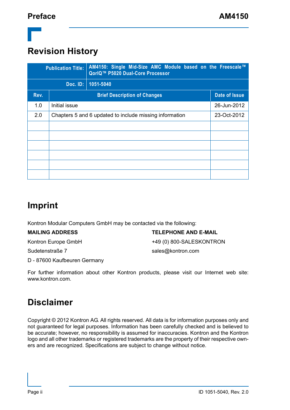 Revision history, Imprint, Disclaimer | Revision history imprint, Preface am4150 | Kontron AM4150 User Manual | Page 2 / 30