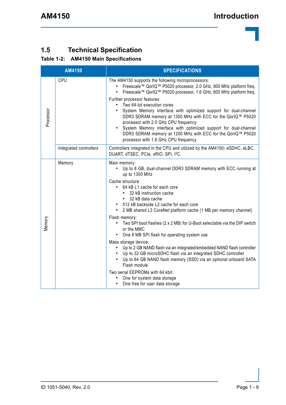5 technical specification, 5 technical specification - 9, Am4150 introduction | Kontron AM4150 User Manual | Page 25 / 30