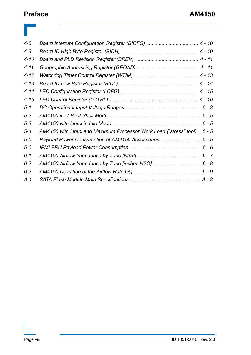 9 board id high byte register (bidh) 4 - 10, 10 board and pld revision register (brev) 4 - 11, 11 geographic addressing register (geoad) 4 - 11 | 12 watchdog timer control register (wtim) 4 - 13, 13 board id low byte register (bidl) 4 - 14, 14 led configuration register (lcfg) 4 - 15, 15 led control register (lctrl) 4 - 16, 1 dc operational input voltage ranges 5 - 3, 2 am4150 in u-boot shell mode 5 - 5, 3 am4150 with linux in idle mode 5 - 5 | Kontron AM4150 User Manual | Page 8 / 30