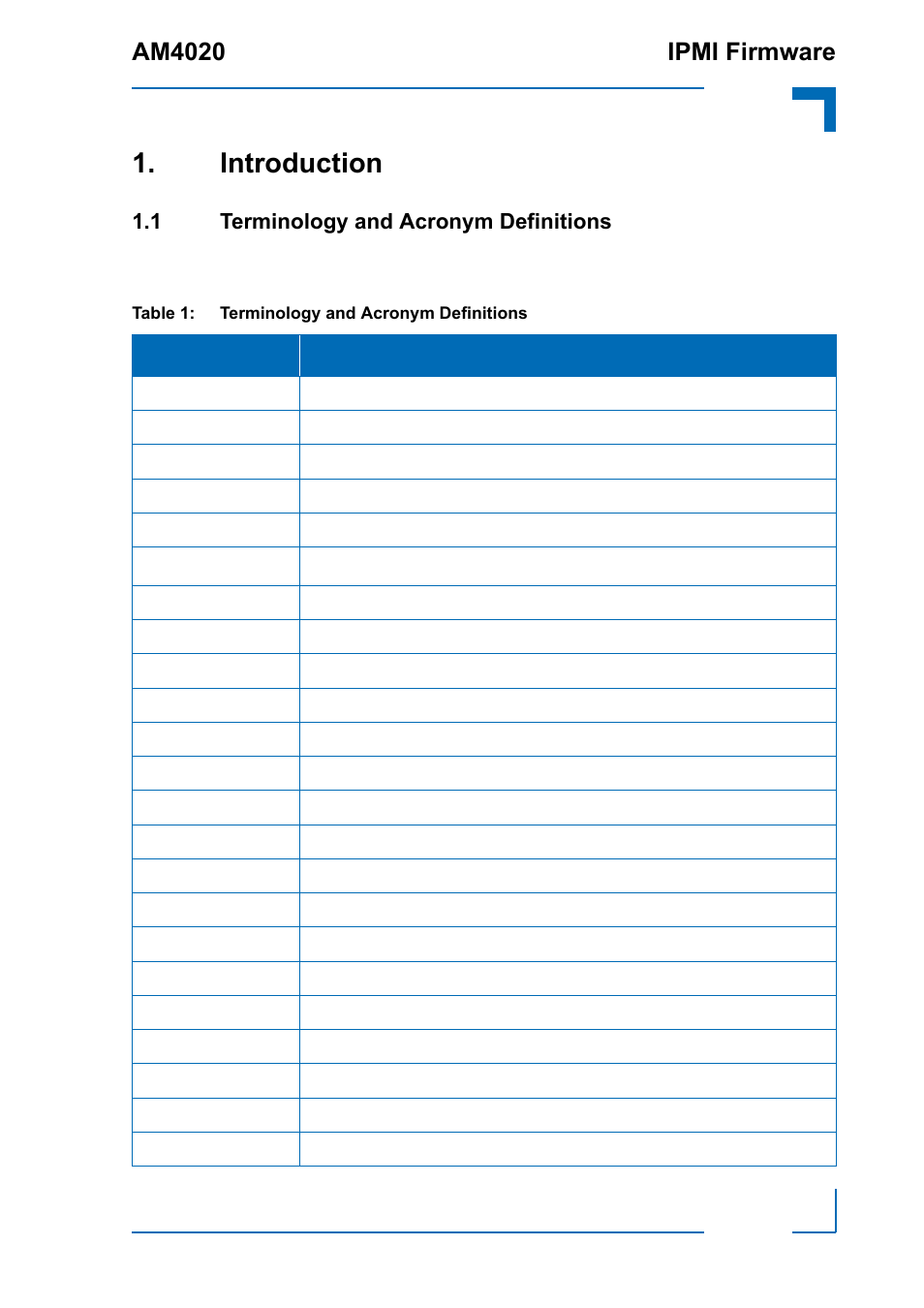 Introduction, 1 terminology and acronym definitions, Terminology and acronym definitions | Am4020 ipmi firmware | Kontron AM4020 IPMI Firmware User Manual | Page 11 / 50