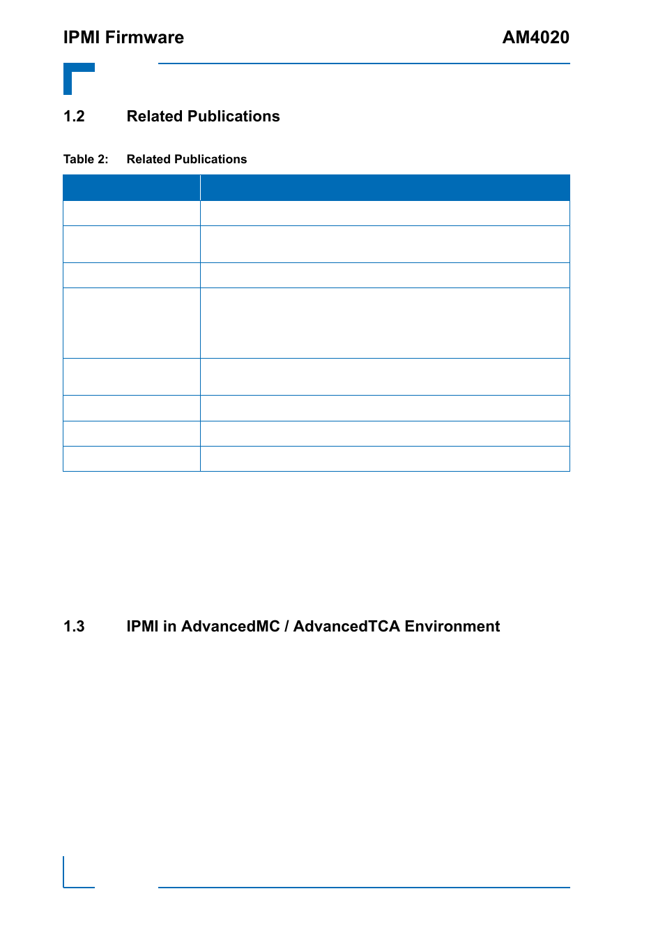 2 related publications, 3 ipmi in advancedmc / advancedtca environment, Related publications | Ipmi in advancedmc / advancedtca environment, Ipmi firmware am4020 | Kontron AM4020 IPMI Firmware User Manual | Page 12 / 50