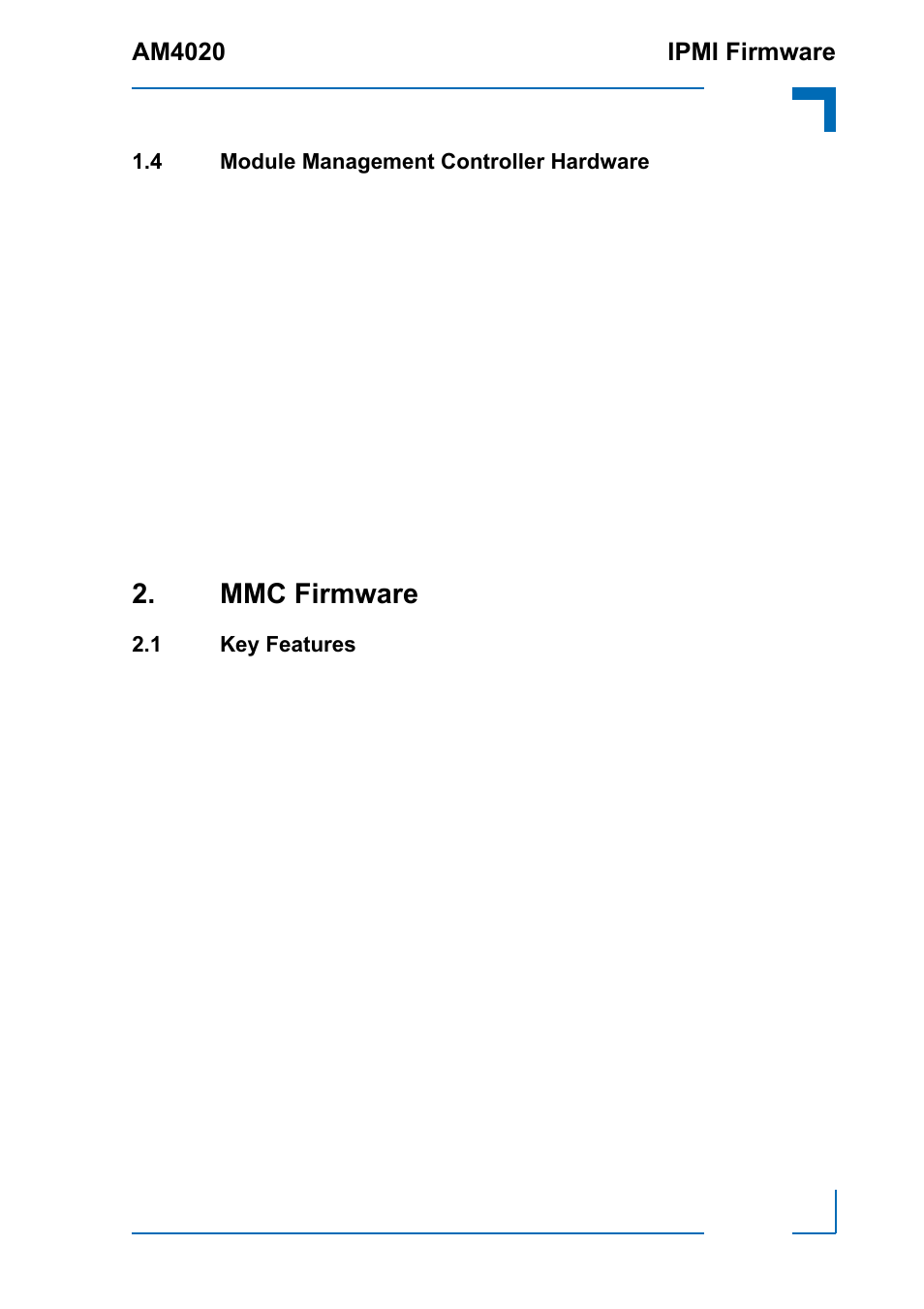 4 module management controller hardware, Mmc firmware, 1 key features | Module management controller hardware, Key features, Am4020 ipmi firmware | Kontron AM4020 IPMI Firmware User Manual | Page 13 / 50