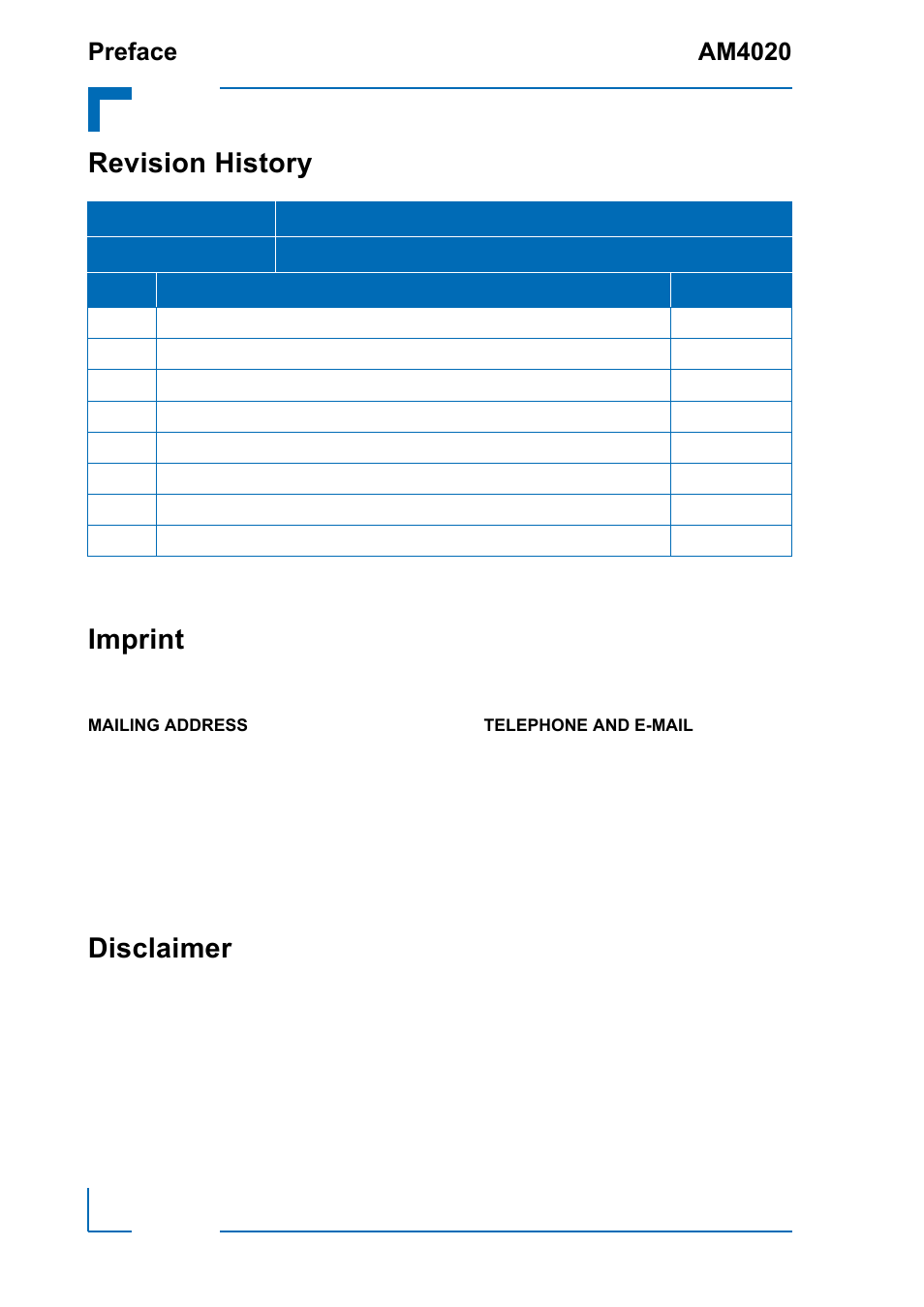 Revision history, Imprint, Disclaimer | Revision history imprint, Preface am4020 | Kontron AM4020 IPMI Firmware User Manual | Page 2 / 50