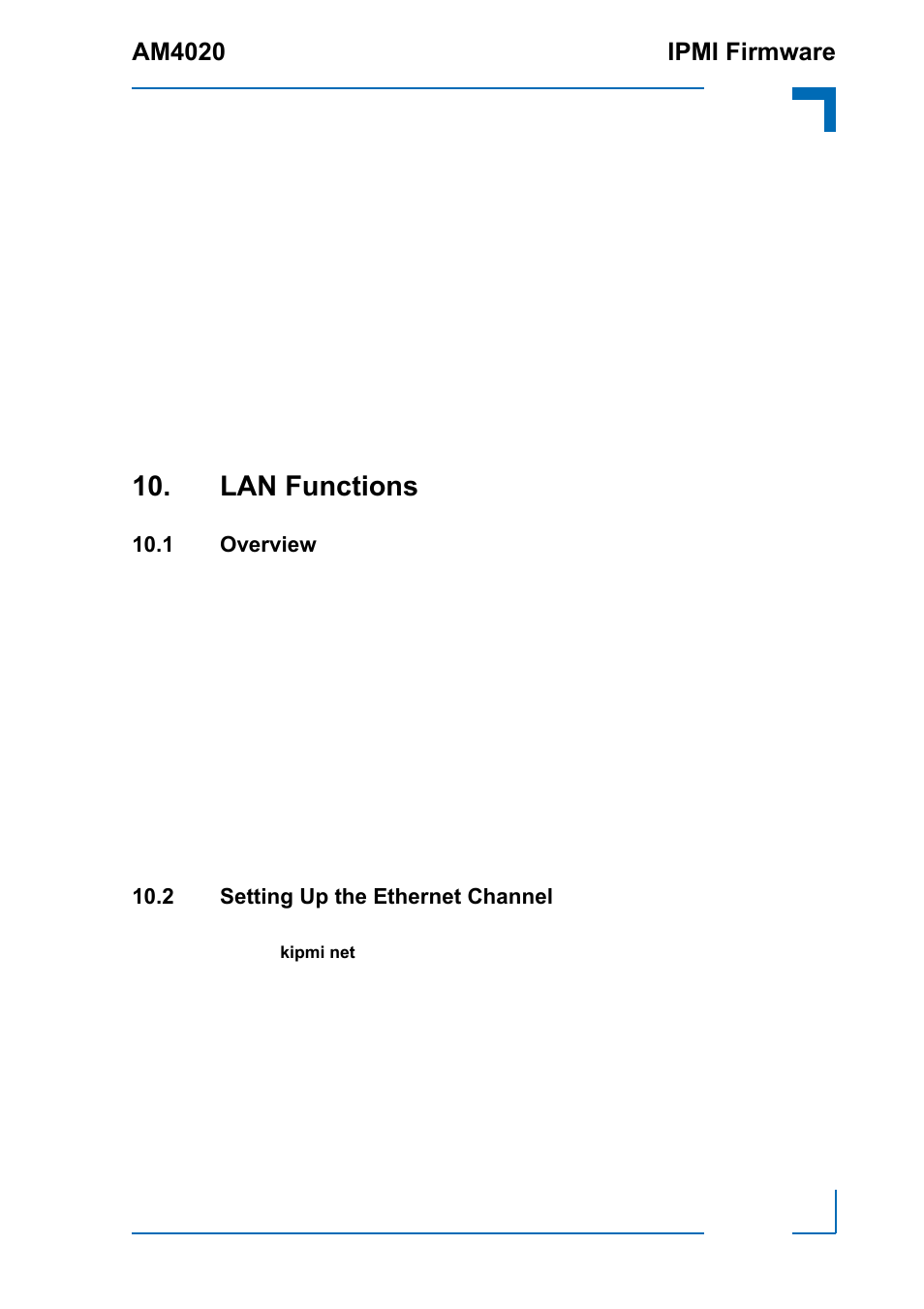 Lan functions, 1 overview, 2 setting up the ethernet channel | Am4020 ipmi firmware | Kontron AM4020 IPMI Firmware User Manual | Page 45 / 50