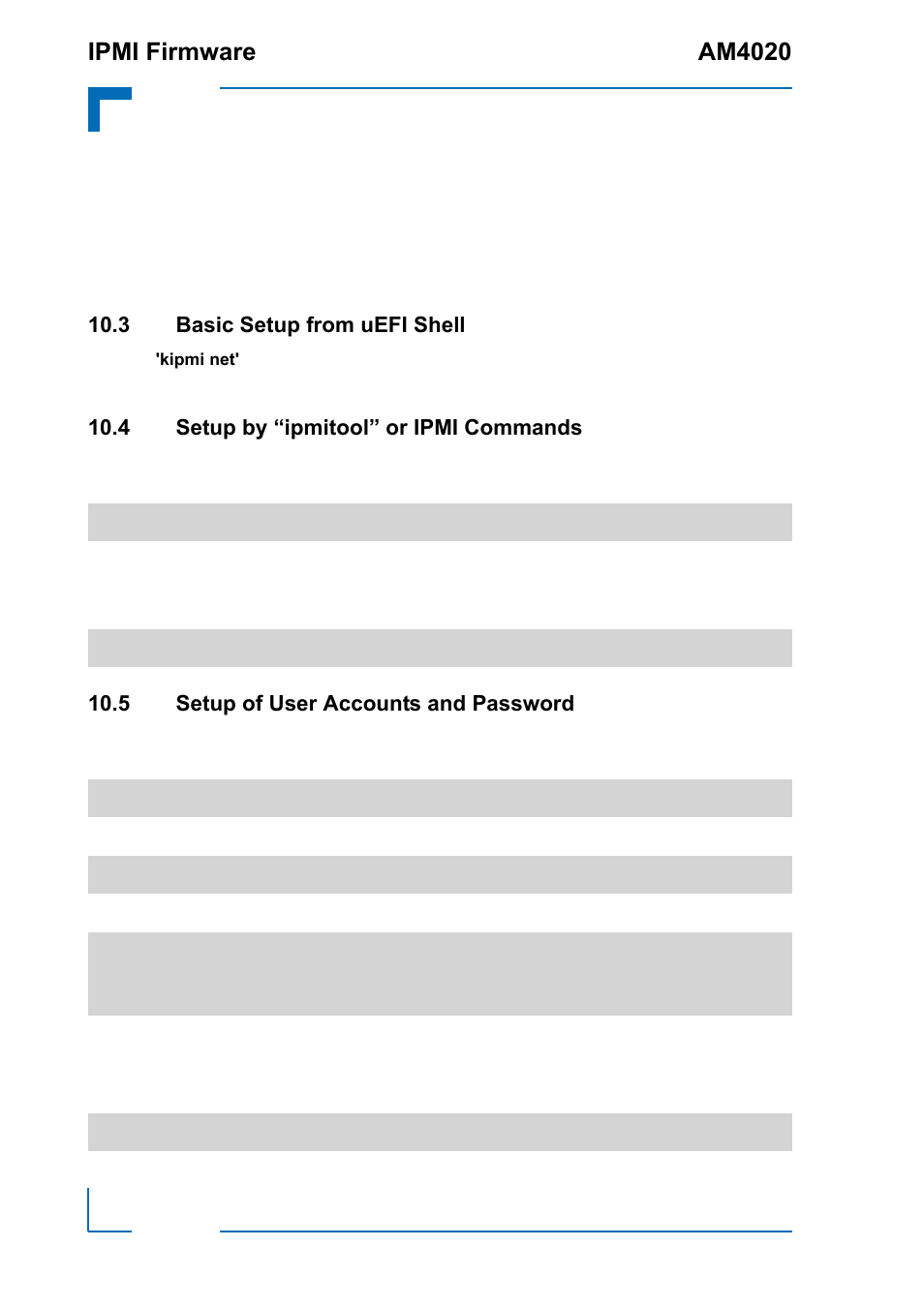 3 basic setup from uefi shell, 4 setup by “ipmitool” or ipmi commands, 5 setup of user accounts and password | Ipmi firmware am4020 | Kontron AM4020 IPMI Firmware User Manual | Page 46 / 50