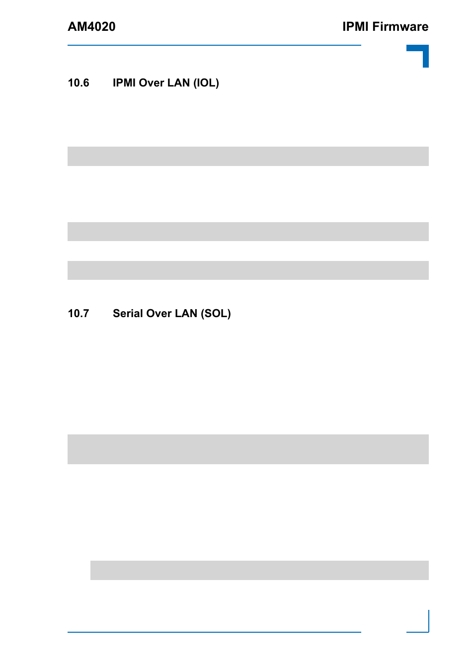 6 ipmi over lan (iol), 7 serial over lan (sol), Am4020 ipmi firmware | Kontron AM4020 IPMI Firmware User Manual | Page 47 / 50