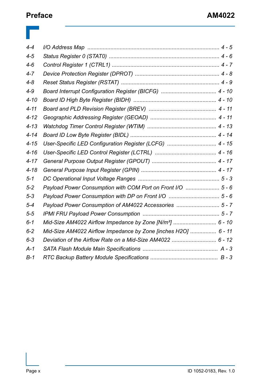 4 i/o address map 4 - 5, 5 status register 0 (stat0) 4 - 6, 6 control register 1 (ctrl1) 4 - 7 | 7 device protection register (dprot) 4 - 8, 8 reset status register (rstat) 4 - 9, 10 board id high byte register (bidh) 4 - 10, 11 board and pld revision register (brev) 4 - 11, 12 geographic addressing register (geoad) 4 - 11, 13 watchdog timer control register (wtim) 4 - 13, 14 board id low byte register (bidl) 4 - 14 | Kontron AM4022 User Manual | Page 10 / 34