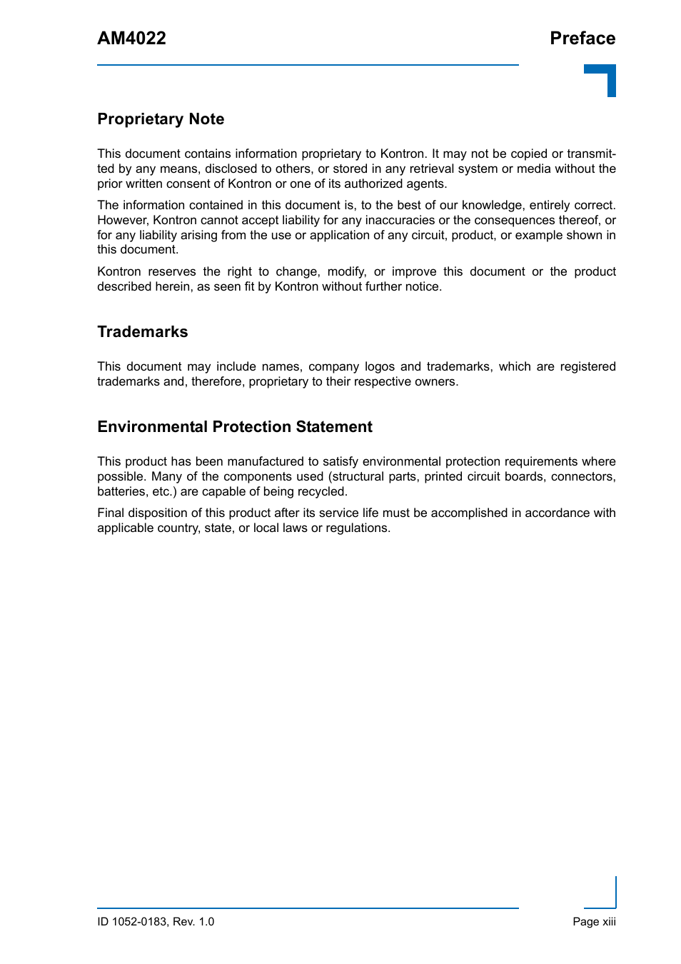 Proprietary note, Trademarks, Environmental protection statement | Am4022 preface | Kontron AM4022 User Manual | Page 13 / 34