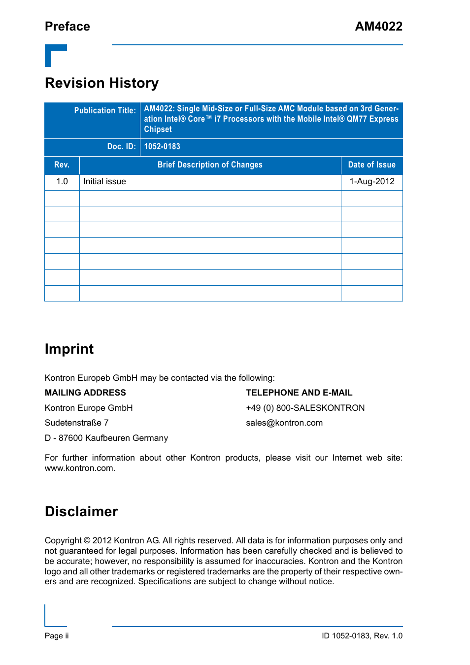 Revision history, Imprint, Disclaimer | Revision history imprint, Preface am4022 | Kontron AM4022 User Manual | Page 2 / 34
