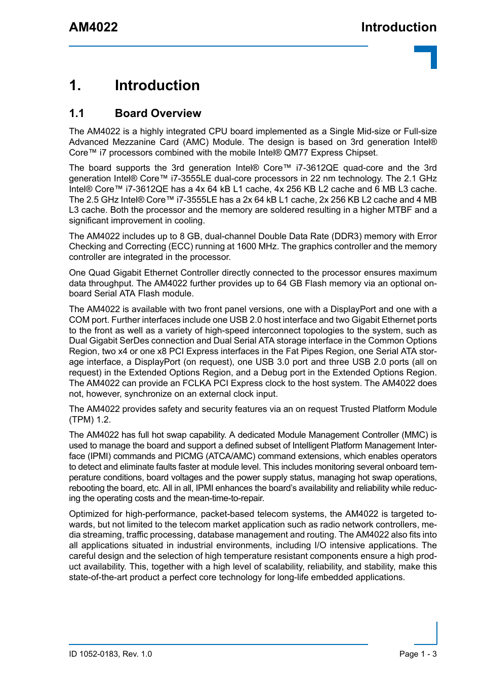 Introduction, 1 board overview, Introduction - 3 | 1 board overview - 3, Am4022 introduction | Kontron AM4022 User Manual | Page 21 / 34