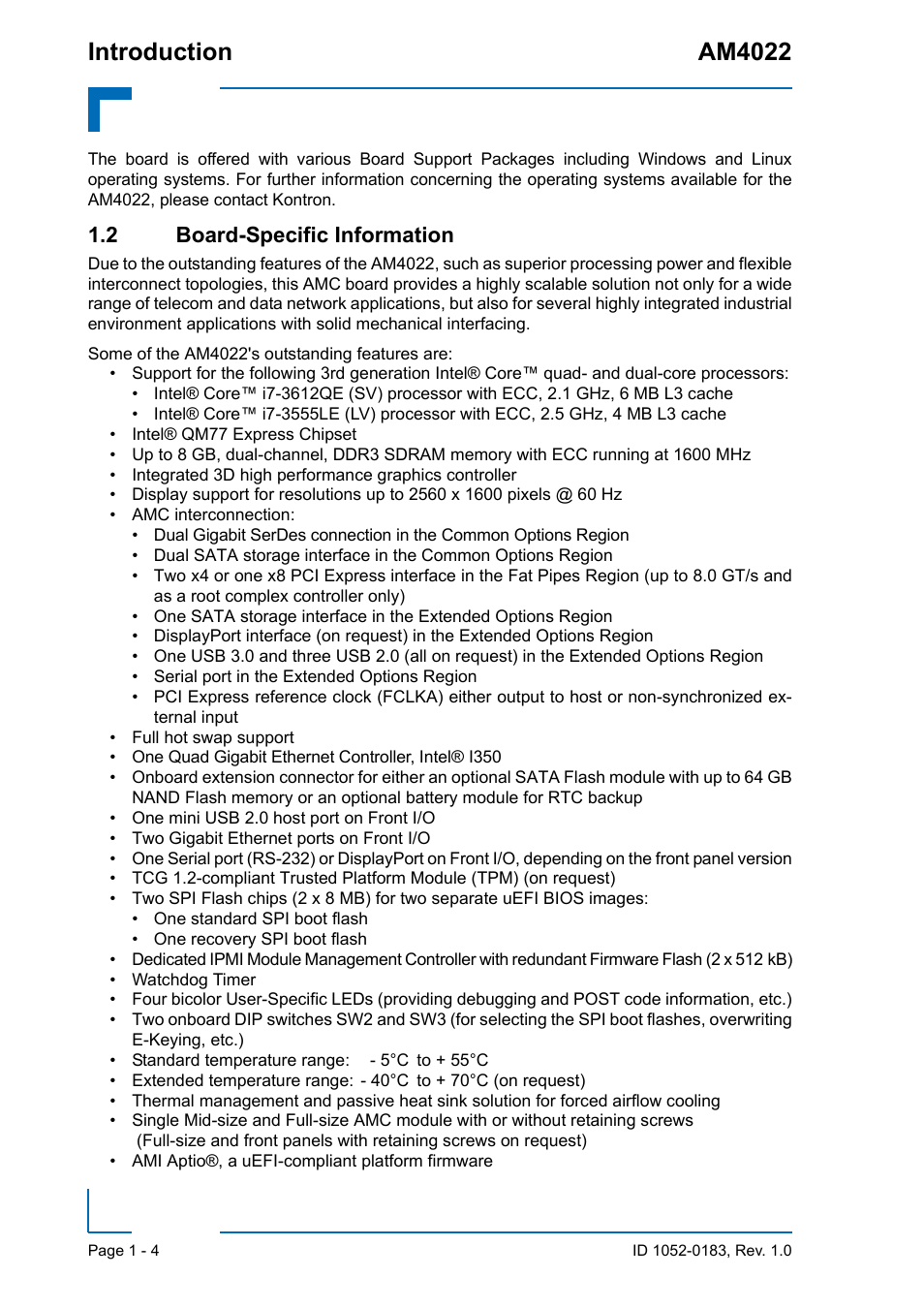 2 board-specific information, 2 board-specific information - 4, Introduction am4022 | Kontron AM4022 User Manual | Page 22 / 34