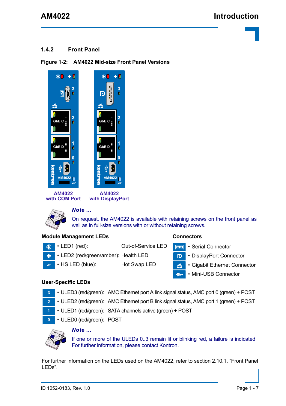 2 front panel, Front panel - 7, Am4022 introduction | Kontron AM4022 User Manual | Page 25 / 34