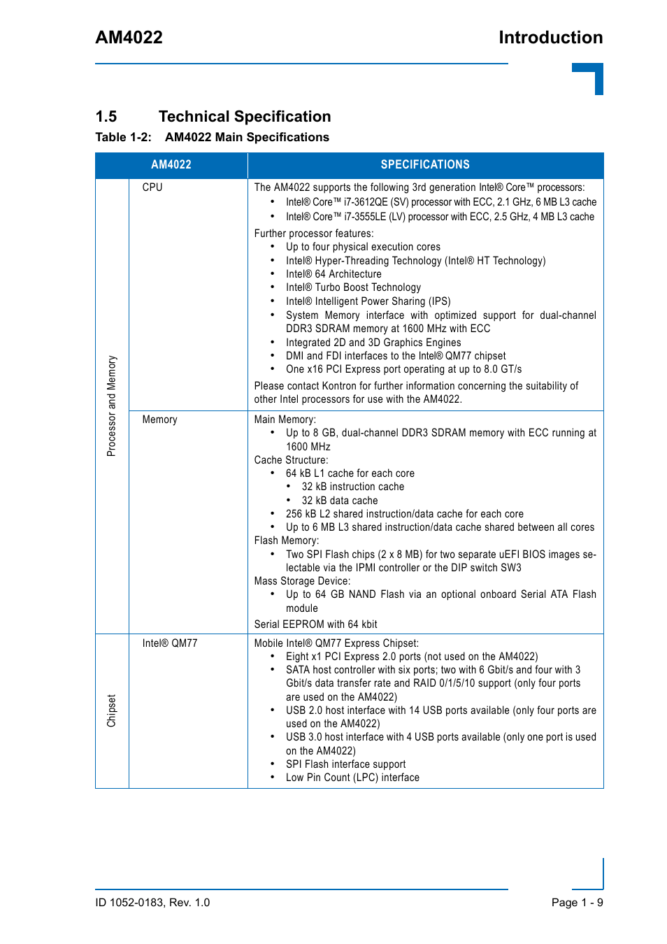 5 technical specification, 5 technical specification - 9, Am4022 introduction | Kontron AM4022 User Manual | Page 27 / 34