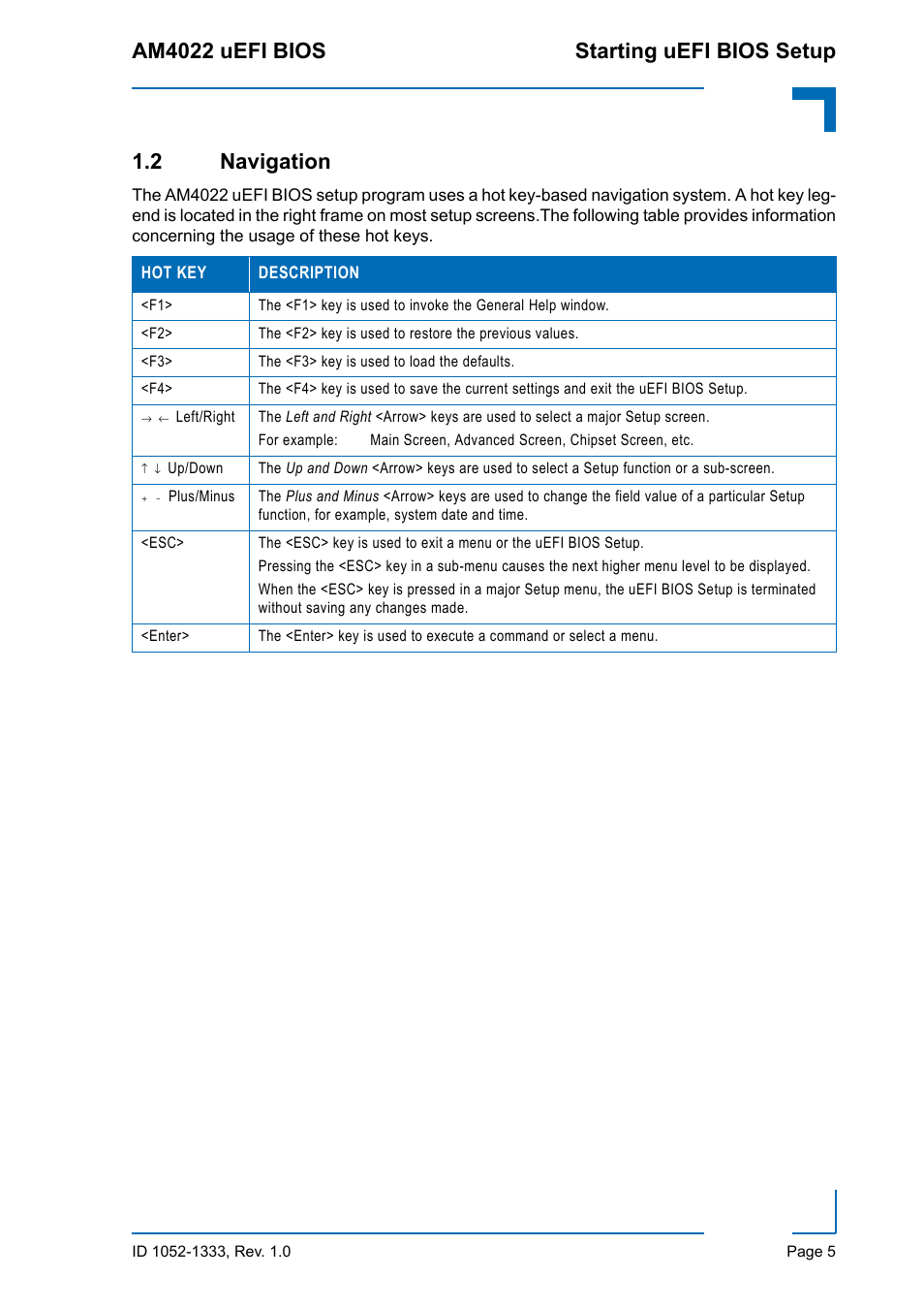 2 navigation, Am4022 uefi bios starting uefi bios setup | Kontron AM4022 uEFI BIOS User Manual | Page 11 / 76