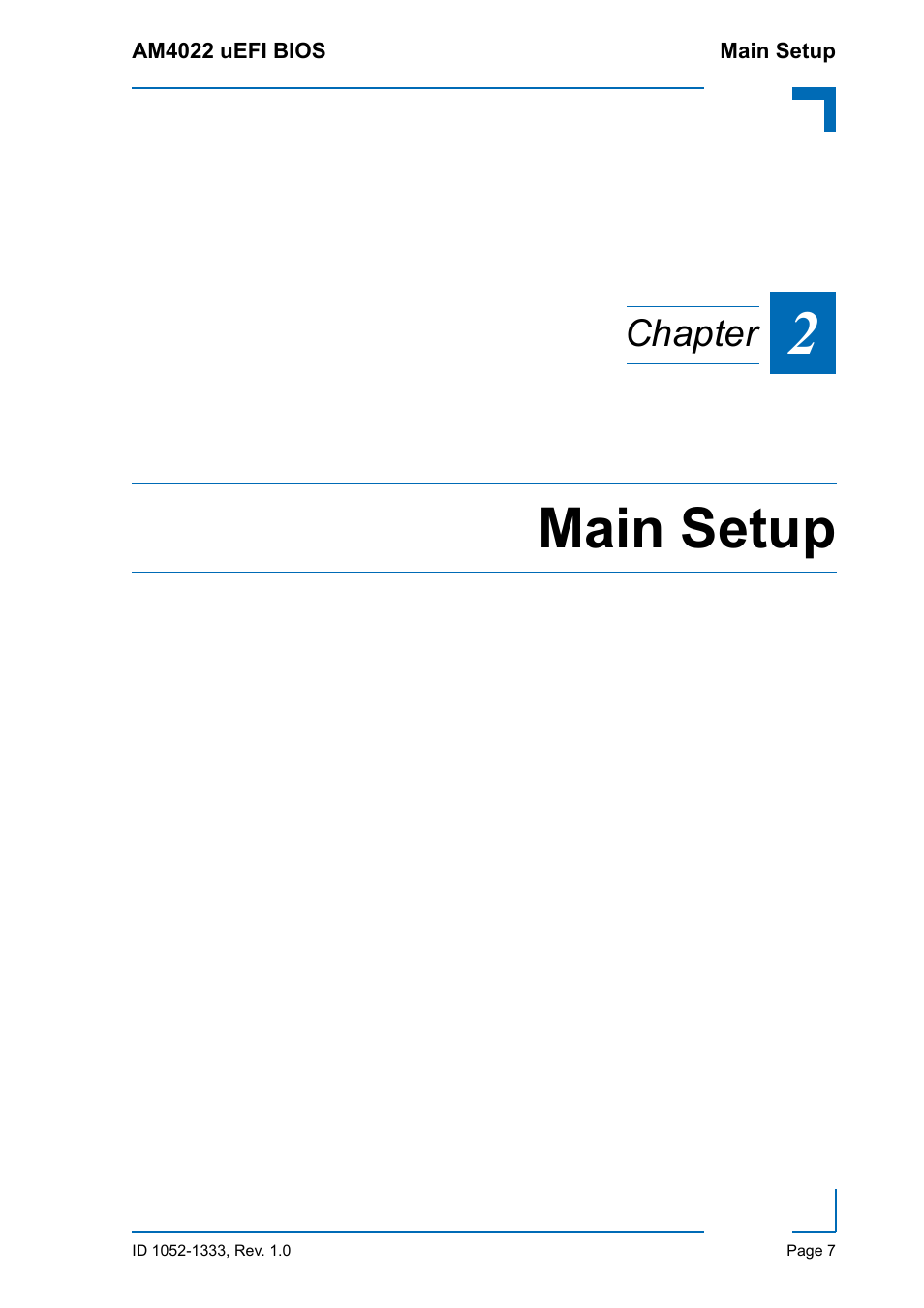 Main setup, Chapter | Kontron AM4022 uEFI BIOS User Manual | Page 13 / 76