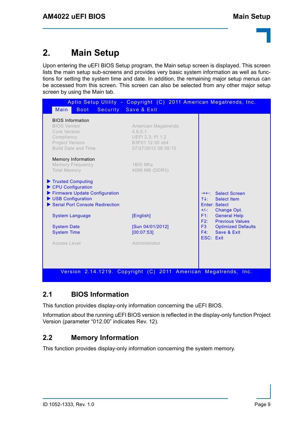 Main setup, 1 bios information, 2 memory information | 1 bios information 2.2 memory information, Am4022 uefi bios main setup | Kontron AM4022 uEFI BIOS User Manual | Page 15 / 76