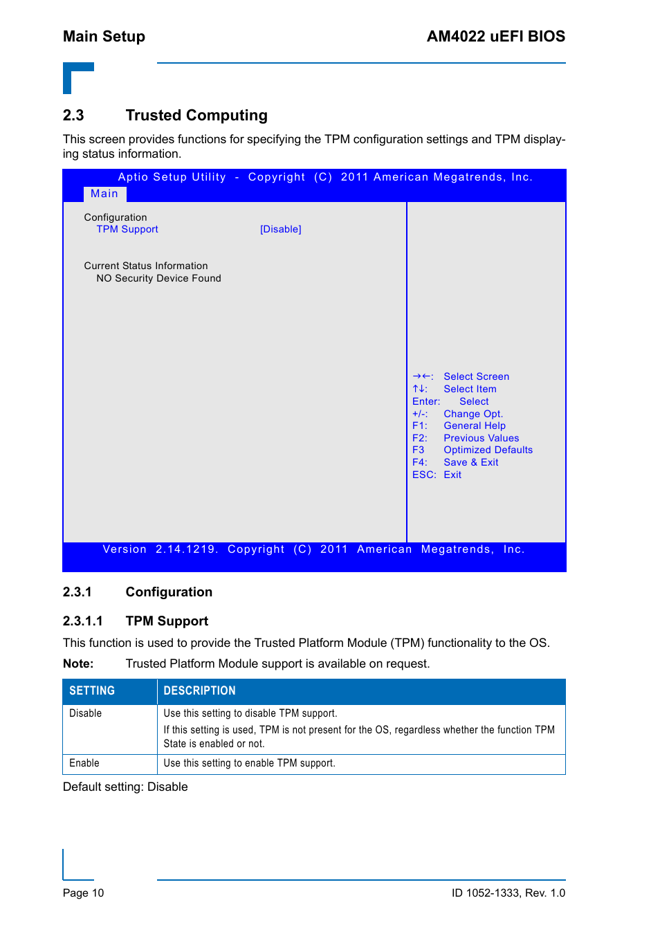 3 trusted computing, 1 configuration, Configuration | Tpm support, Main setup am4022 uefi bios | Kontron AM4022 uEFI BIOS User Manual | Page 16 / 76