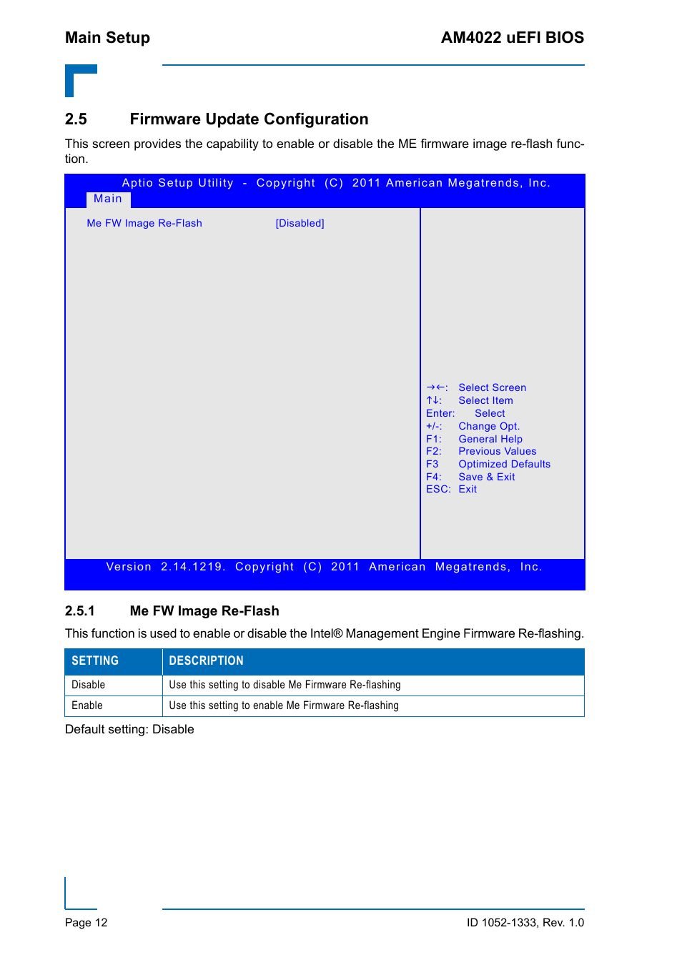 5 firmware update configuration, 1 me fw image re-flash, Me fw image re-flash | Main setup am4022 uefi bios | Kontron AM4022 uEFI BIOS User Manual | Page 18 / 76