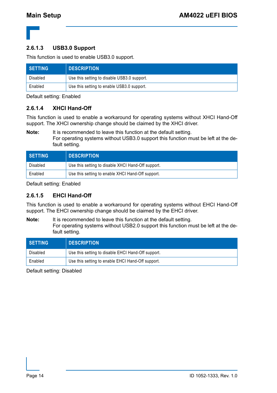 Usb3.0 support, Xhci hand-off, Ehci hand-off | Main setup am4022 uefi bios | Kontron AM4022 uEFI BIOS User Manual | Page 20 / 76