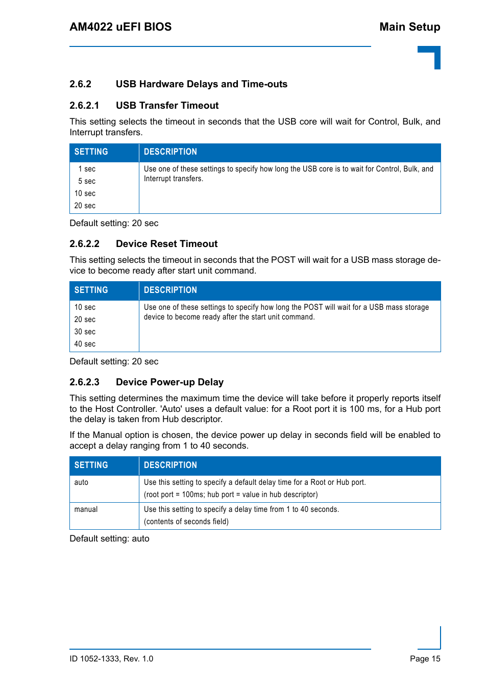 2 usb hardware delays and time-outs, Usb hardware delays and time-outs, Usb transfer timeout | Device reset timeout, Device power-up delay, Am4022 uefi bios main setup | Kontron AM4022 uEFI BIOS User Manual | Page 21 / 76