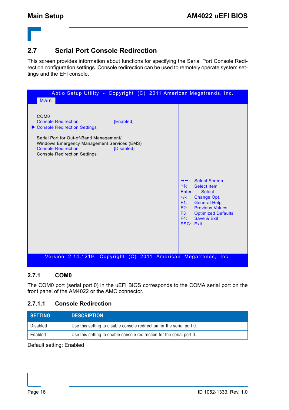 7 serial port console redirection, 1 com0, Com0 | Console redirection, Main setup am4022 uefi bios | Kontron AM4022 uEFI BIOS User Manual | Page 22 / 76