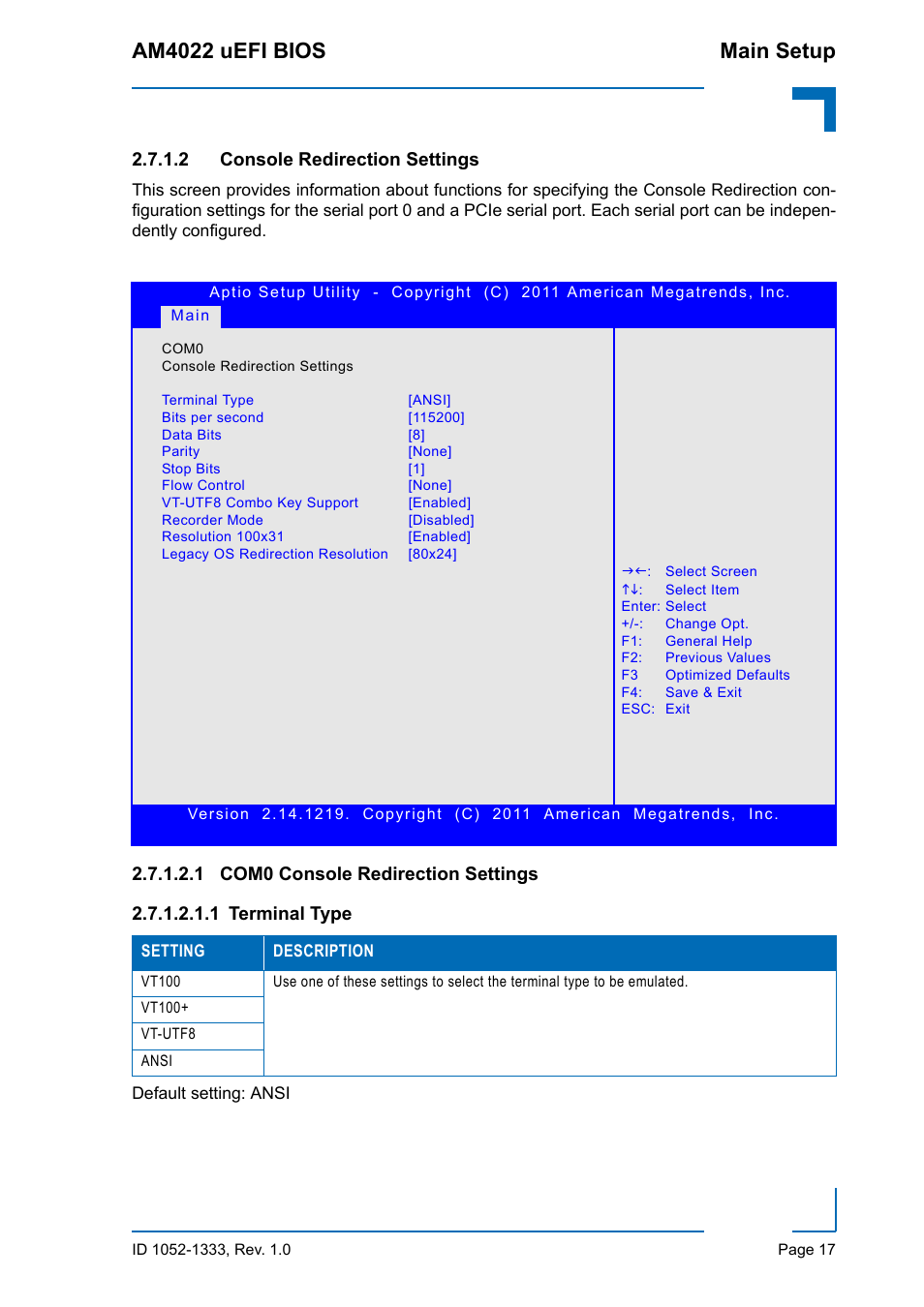 Console redirection settings, Am4022 uefi bios main setup, 2 console redirection settings | Kontron AM4022 uEFI BIOS User Manual | Page 23 / 76