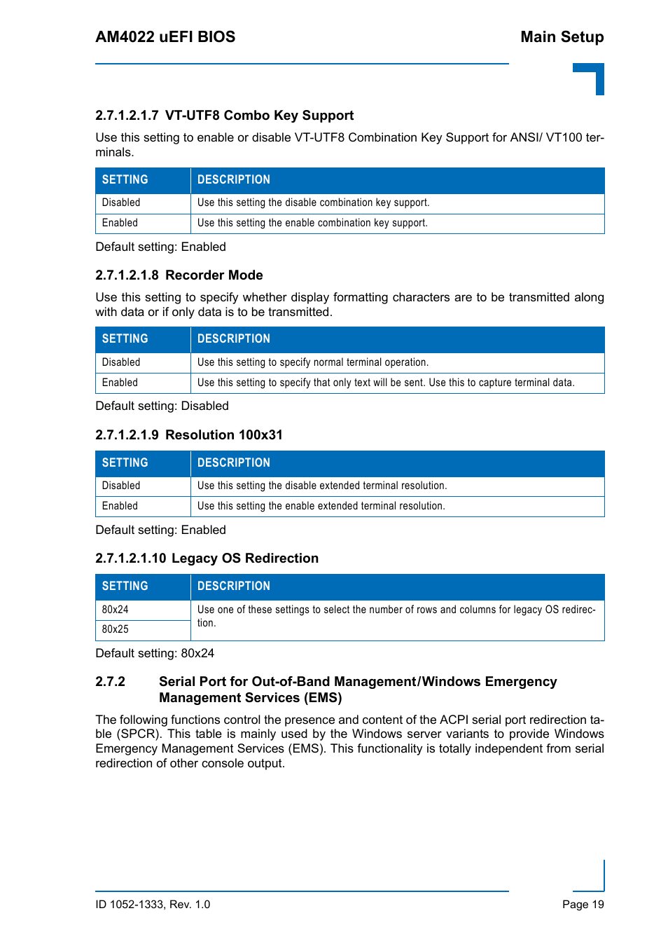 Management services (ems) 19, Am4022 uefi bios main setup | Kontron AM4022 uEFI BIOS User Manual | Page 25 / 76