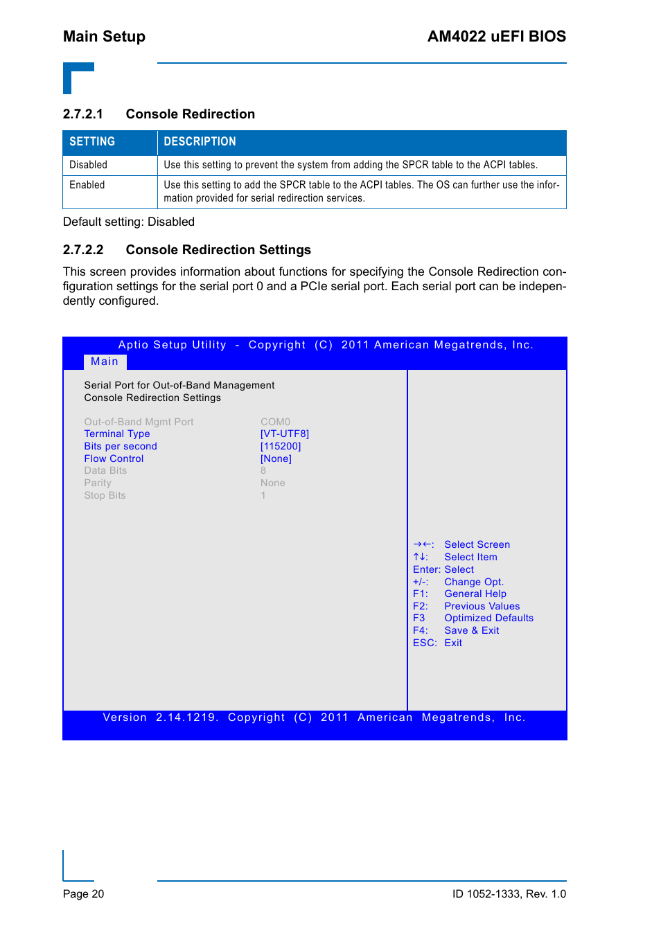 Console redirection, Console redirection settings, Main setup am4022 uefi bios | 1 console redirection, 2 console redirection settings | Kontron AM4022 uEFI BIOS User Manual | Page 26 / 76