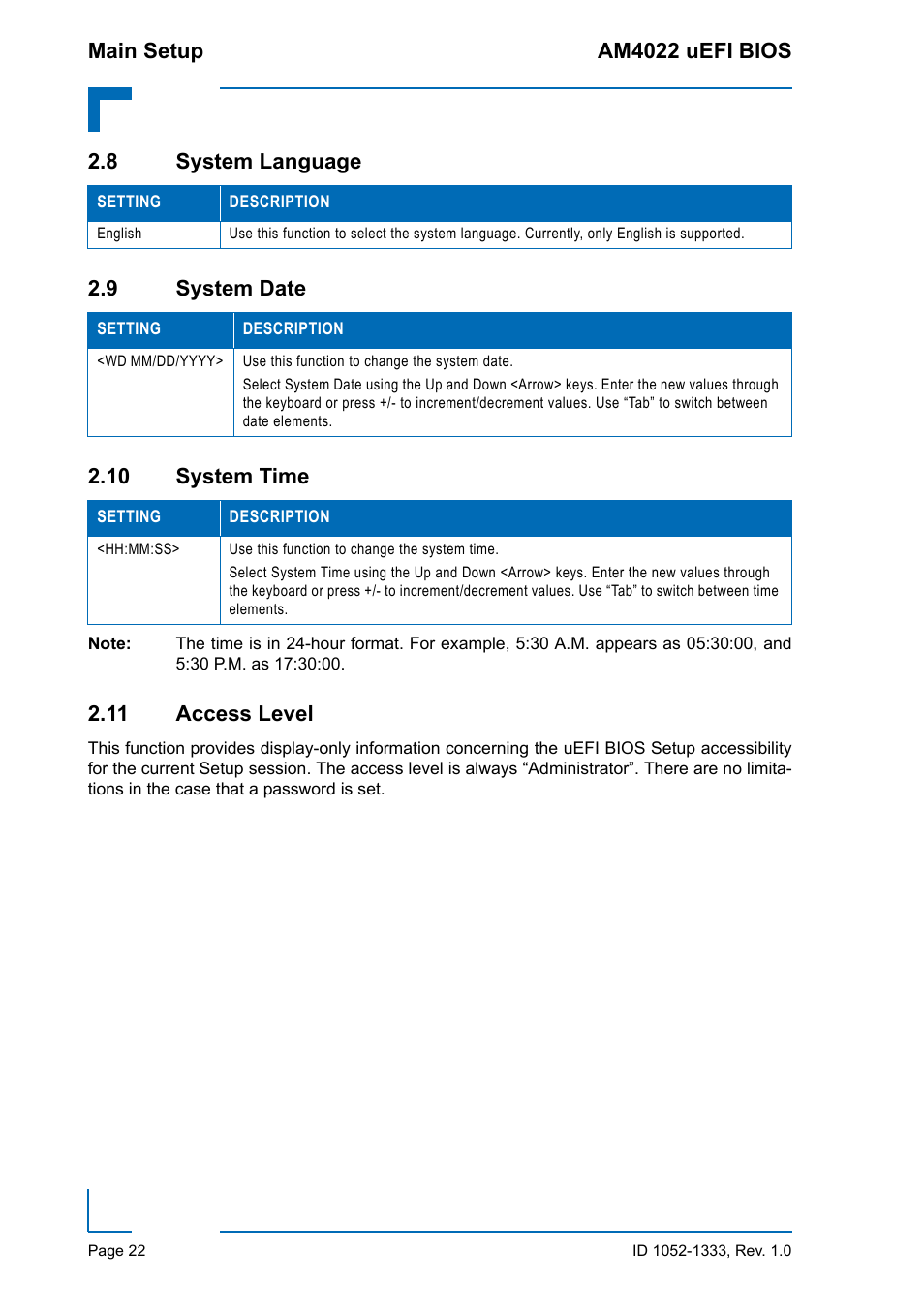 8 system language, 9 system date, 10 system time | 11 access level, Main setup am4022 uefi bios | Kontron AM4022 uEFI BIOS User Manual | Page 28 / 76