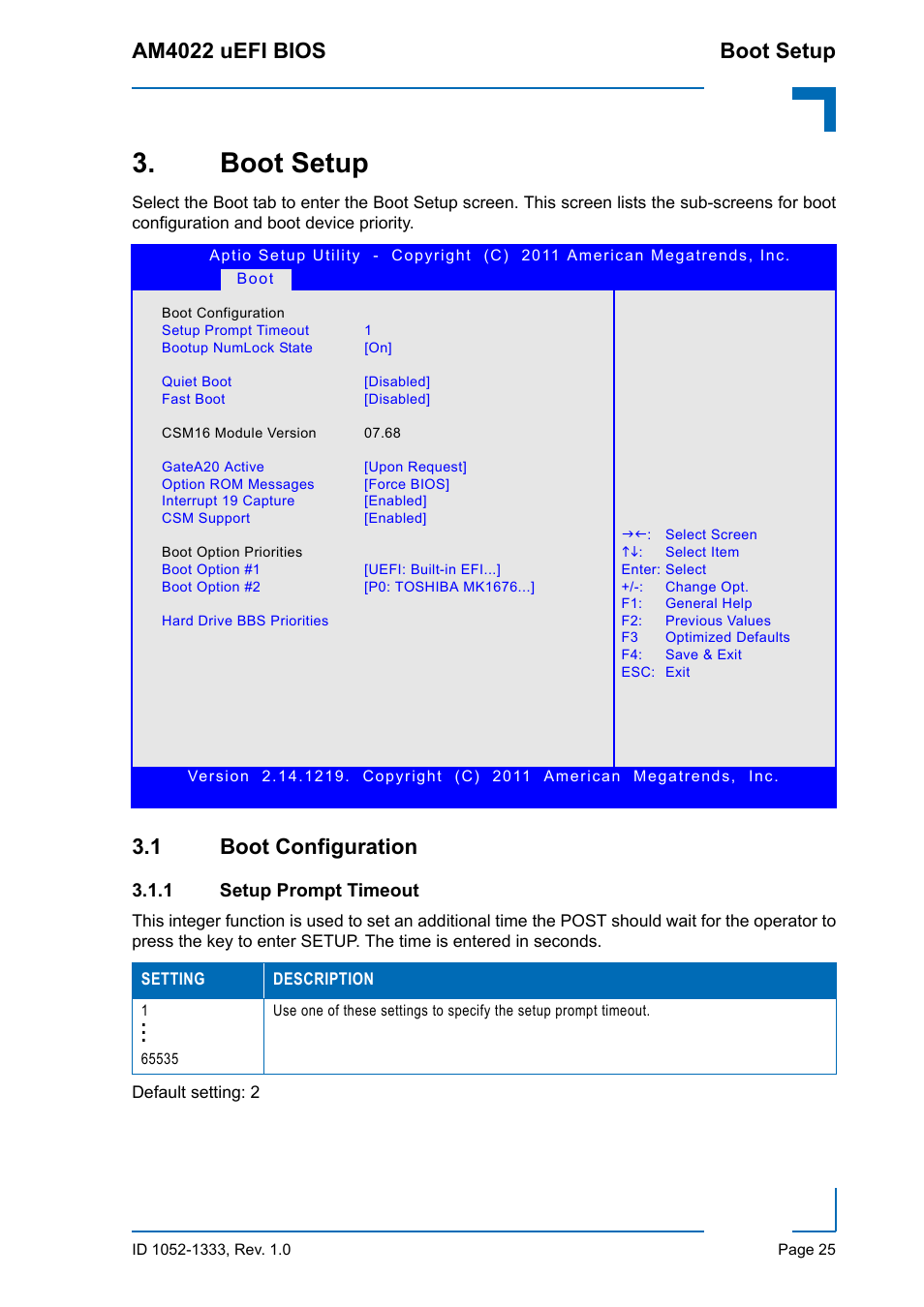 Boot setup, 1 boot configuration, 1 setup prompt timeout | Setup prompt timeout, Am4022 uefi bios boot setup | Kontron AM4022 uEFI BIOS User Manual | Page 31 / 76