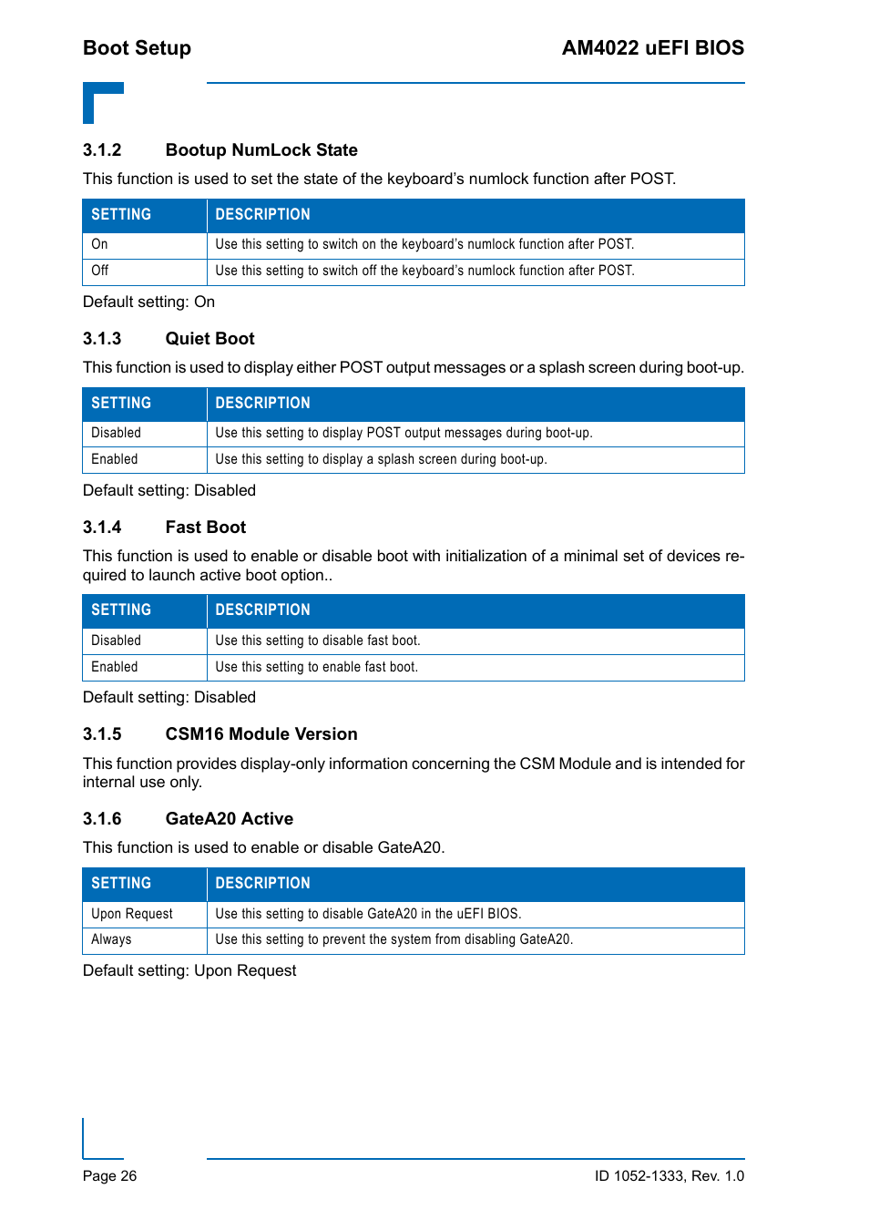 2 bootup numlock state, 3 quiet boot, 4 fast boot | 5 csm16 module version, 6 gatea20 active, Bootup numlock state, Quiet boot, Fast boot, Csm16 module version, Gatea20 active | Kontron AM4022 uEFI BIOS User Manual | Page 32 / 76