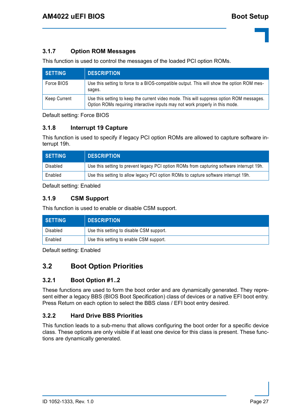 7 option rom messages, 8 interrupt 19 capture, 9 csm support | 2 boot option priorities, 1 boot option #1, 2 hard drive bbs priorities, Option rom messages, Interrupt 19 capture, Csm support, Boot option #1 | Kontron AM4022 uEFI BIOS User Manual | Page 33 / 76