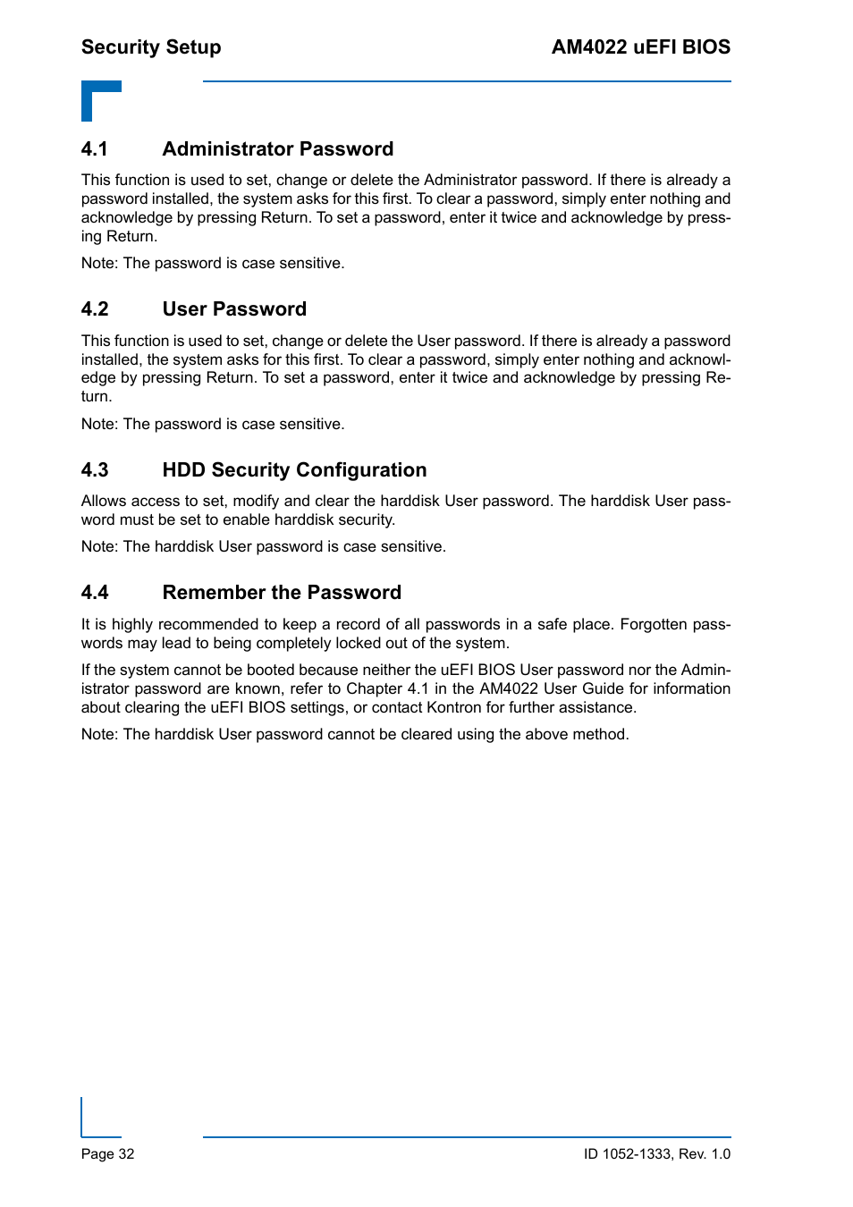 1 administrator password, 2 user password, 3 hdd security configuration | 4 remember the password | Kontron AM4022 uEFI BIOS User Manual | Page 38 / 76