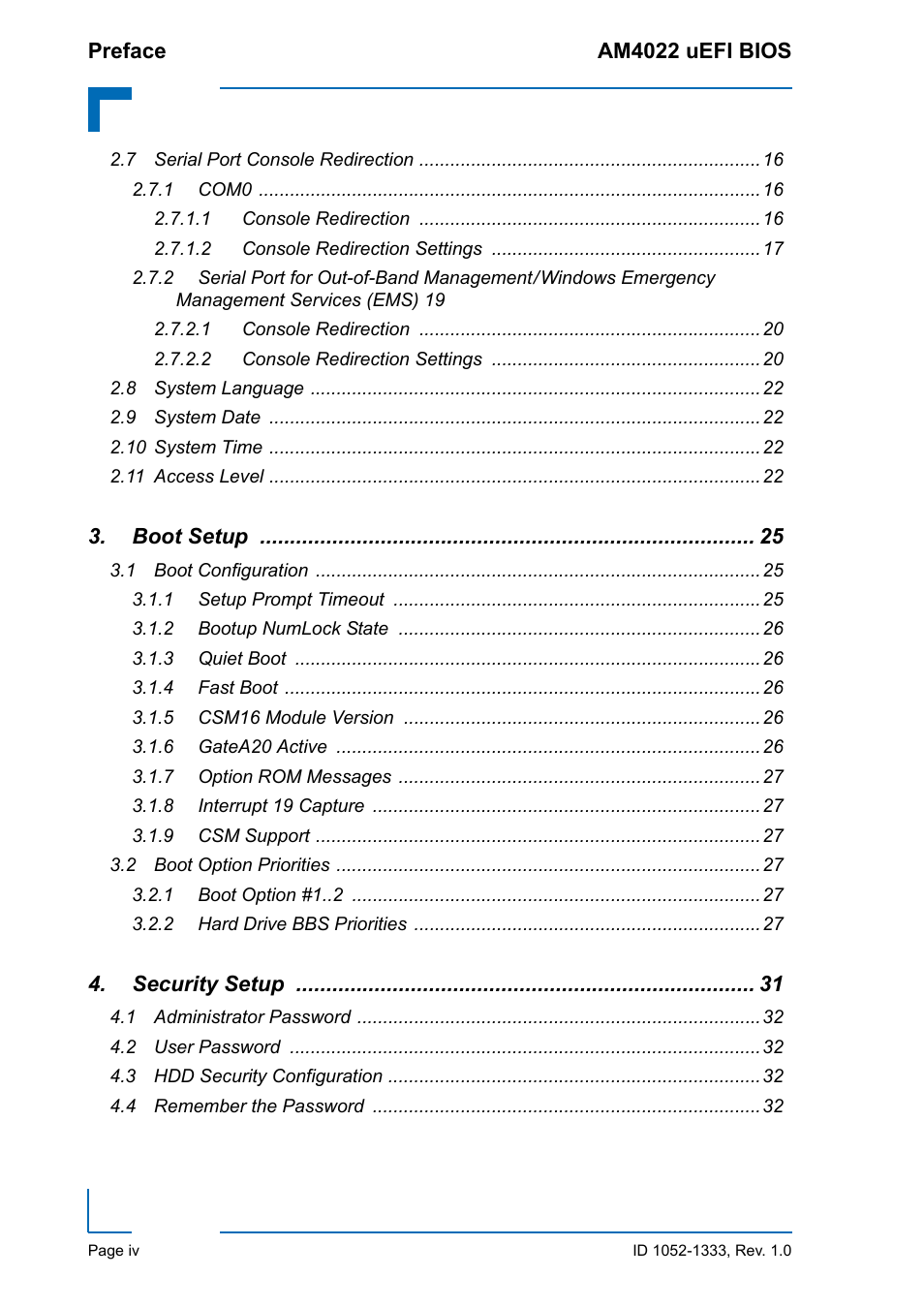 Kontron AM4022 uEFI BIOS User Manual | Page 4 / 76