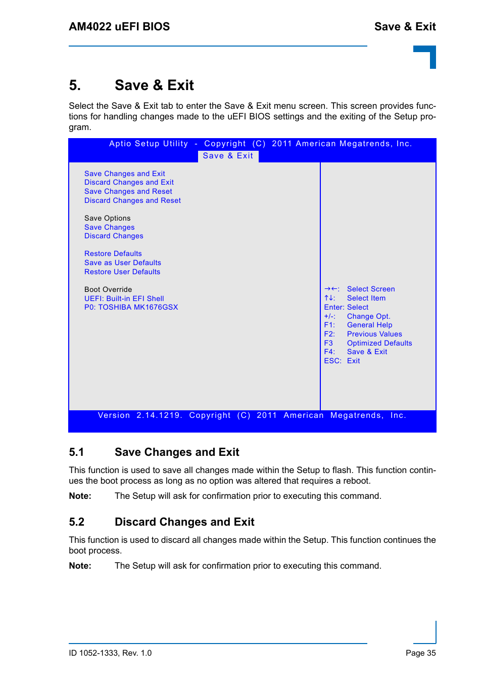 Save & exit, 1 save changes and exit, 2 discard changes and exit | Am4022 uefi bios save & exit | Kontron AM4022 uEFI BIOS User Manual | Page 41 / 76