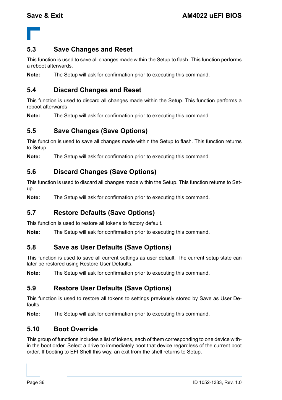 3 save changes and reset, 4 discard changes and reset, 5 save changes (save options) | 6 discard changes (save options), 7 restore defaults (save options), 8 save as user defaults (save options), 9 restore user defaults (save options), 10 boot override | Kontron AM4022 uEFI BIOS User Manual | Page 42 / 76