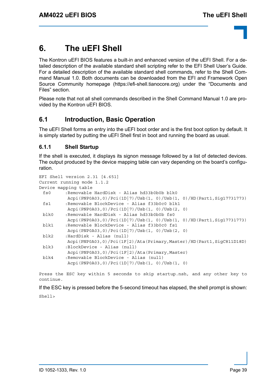 The uefi shell, 1 introduction, basic operation, 1 shell startup | Shell startup, Am4022 uefi bios the uefi shell | Kontron AM4022 uEFI BIOS User Manual | Page 45 / 76