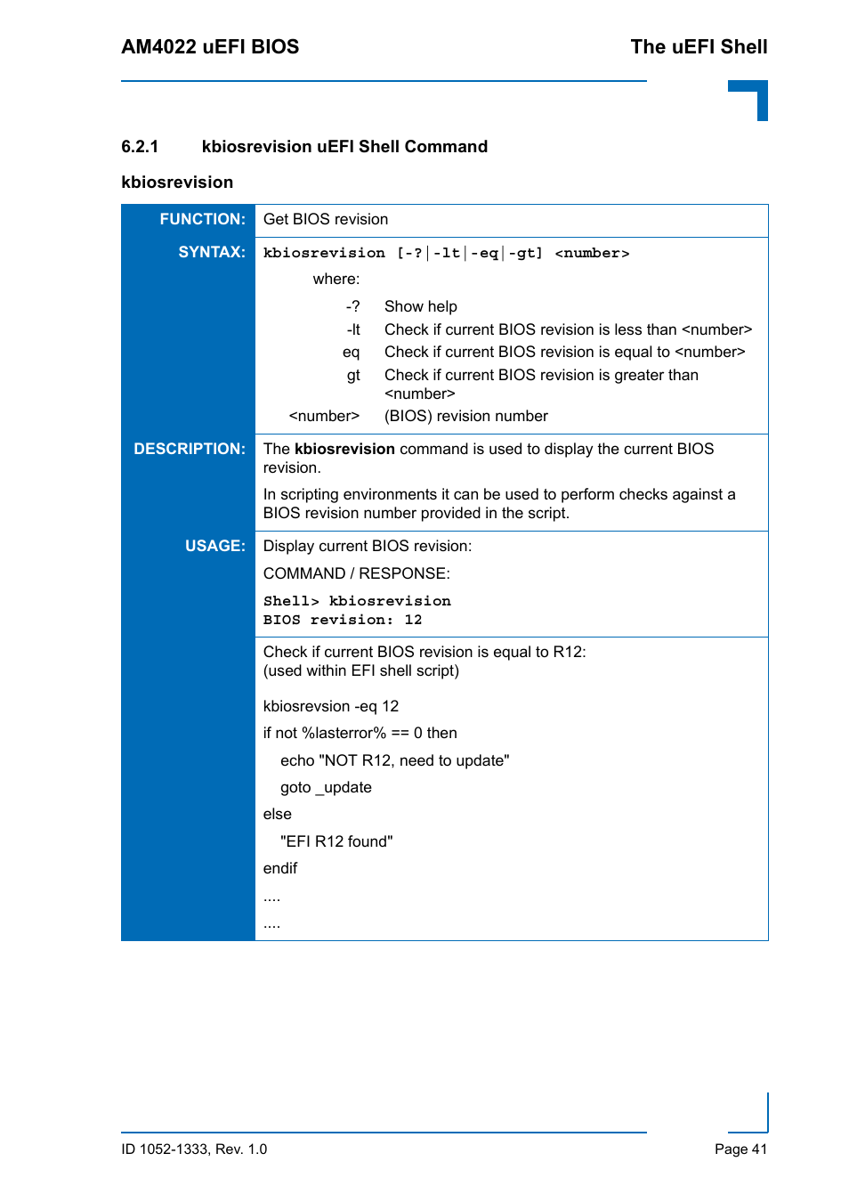 1 kbiosrevision uefi shell command, Kbiosrevision uefi shell command, Am4022 uefi bios the uefi shell | Kontron AM4022 uEFI BIOS User Manual | Page 47 / 76