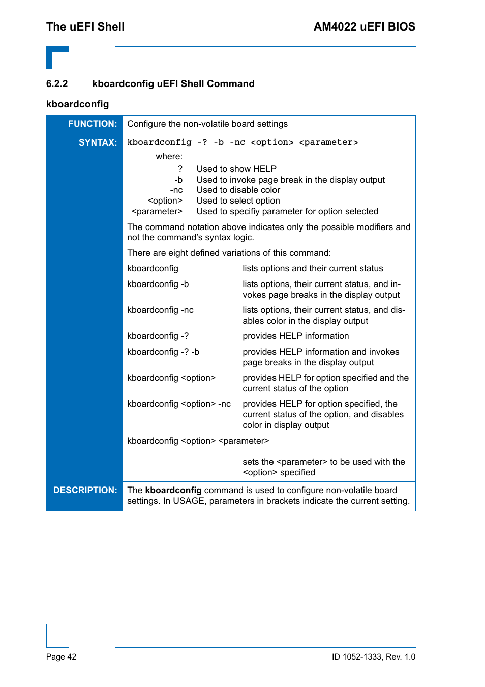 2 kboardconfig uefi shell command, The uefi shell am4022 uefi bios | Kontron AM4022 uEFI BIOS User Manual | Page 48 / 76