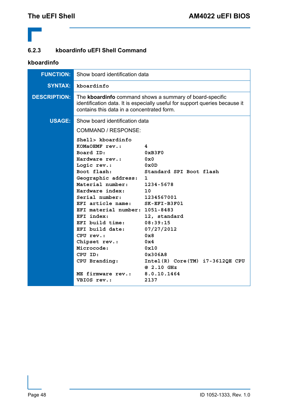 3 kboardinfo uefi shell command, Kboardinfo uefi shell command, The uefi shell am4022 uefi bios | Kontron AM4022 uEFI BIOS User Manual | Page 54 / 76