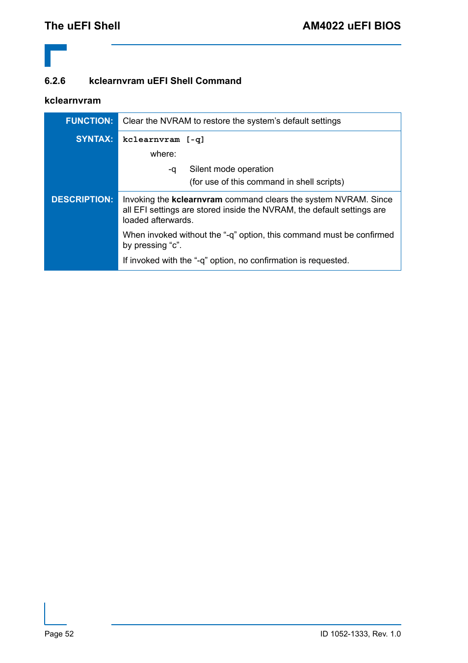 6 kclearnvram uefi shell command, Kclearnvram uefi shell command, The uefi shell am4022 uefi bios | Kontron AM4022 uEFI BIOS User Manual | Page 58 / 76
