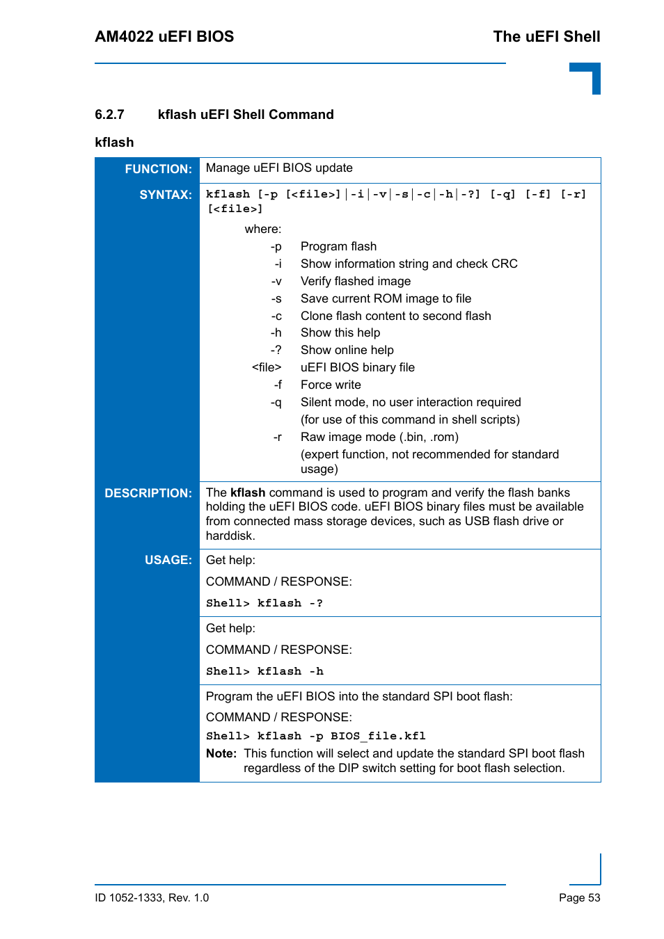 7 kflash uefi shell command, Kflash uefi shell command, Am4022 uefi bios the uefi shell | Kontron AM4022 uEFI BIOS User Manual | Page 59 / 76