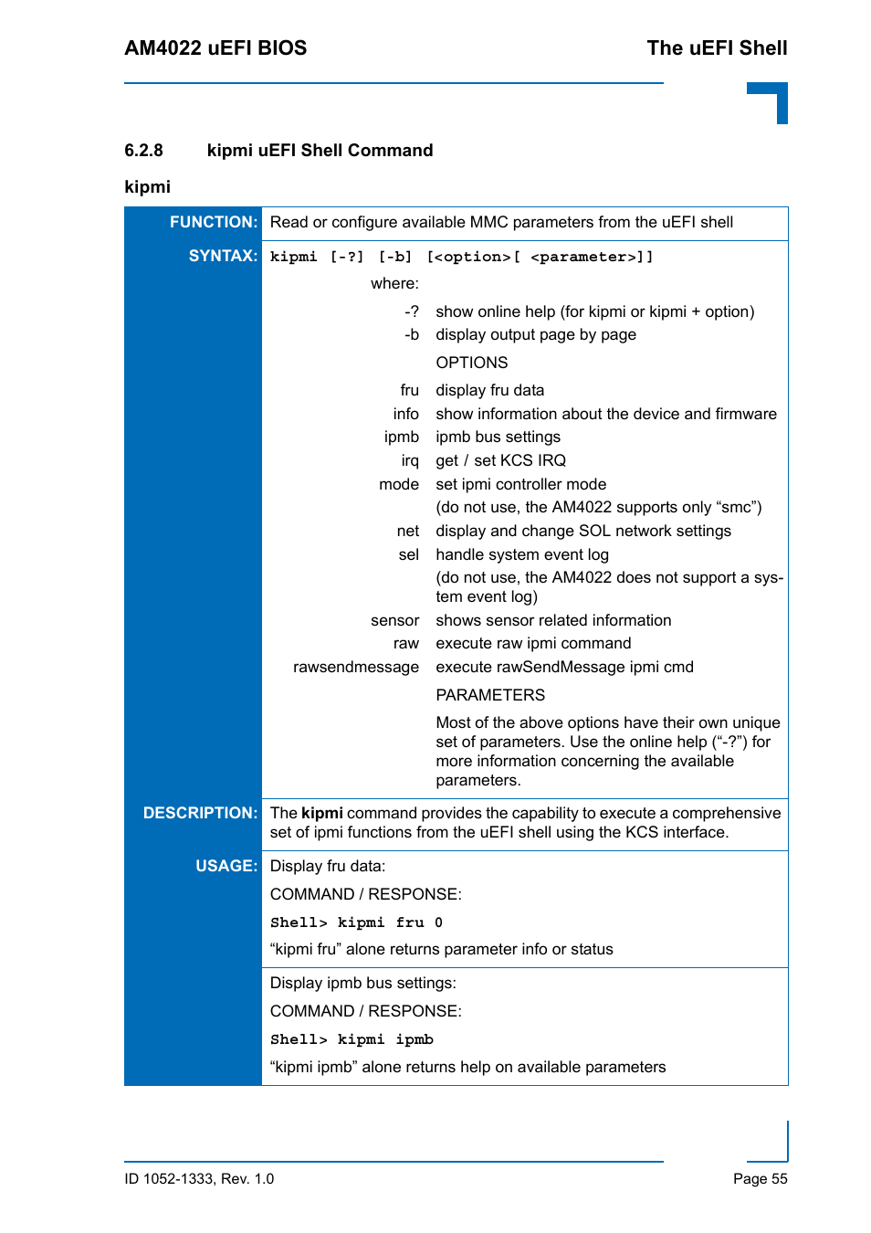 8 kipmi uefi shell command, Kipmi uefi shell command, Am4022 uefi bios the uefi shell | Kontron AM4022 uEFI BIOS User Manual | Page 61 / 76