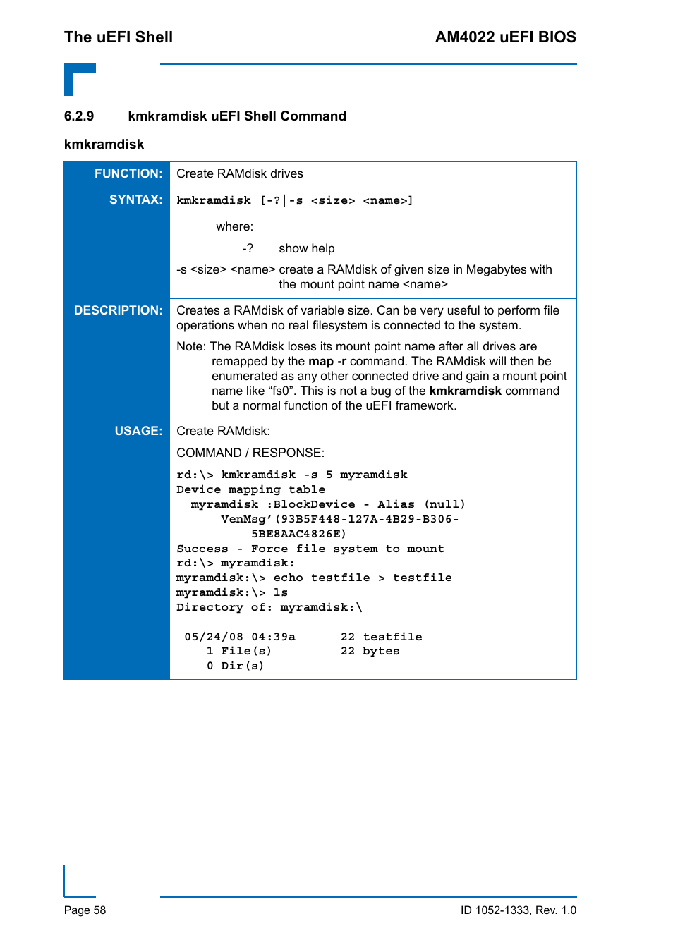 9 kmkramdisk uefi shell command, Kmkramdisk uefi shell command, The uefi shell am4022 uefi bios | Kontron AM4022 uEFI BIOS User Manual | Page 64 / 76