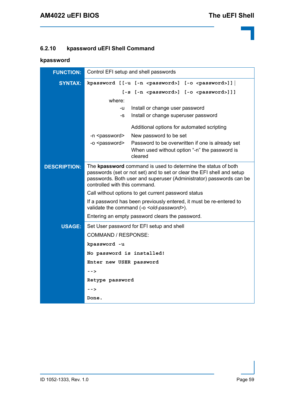 10 kpassword uefi shell command, Am4022 uefi bios the uefi shell | Kontron AM4022 uEFI BIOS User Manual | Page 65 / 76