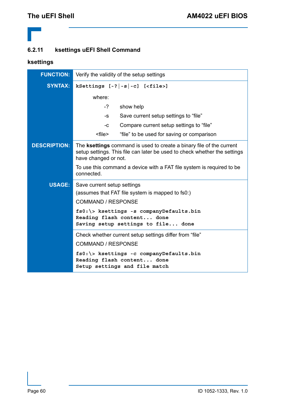 11 ksettings uefi shell command, The uefi shell am4022 uefi bios | Kontron AM4022 uEFI BIOS User Manual | Page 66 / 76