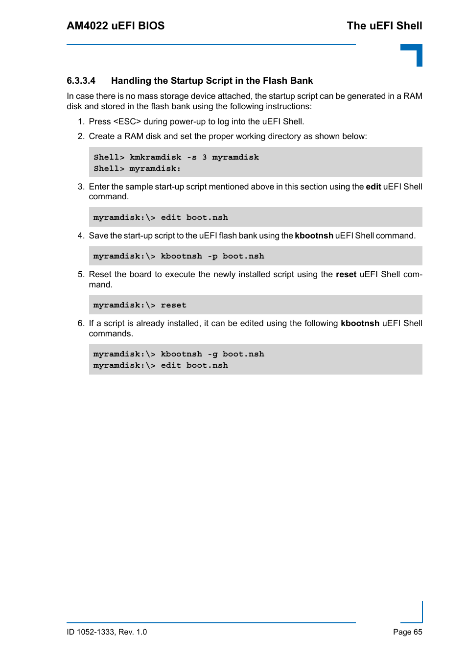 Handling the startup script in the flash bank, Am4022 uefi bios the uefi shell | Kontron AM4022 uEFI BIOS User Manual | Page 71 / 76