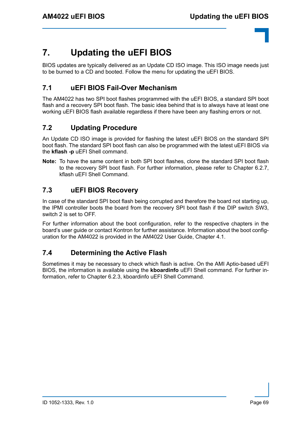 Updating the uefi bios, 1 uefi bios fail-over mechanism, 2 updating procedure | 3 uefi bios recovery, 4 determining the active flash | Kontron AM4022 uEFI BIOS User Manual | Page 75 / 76